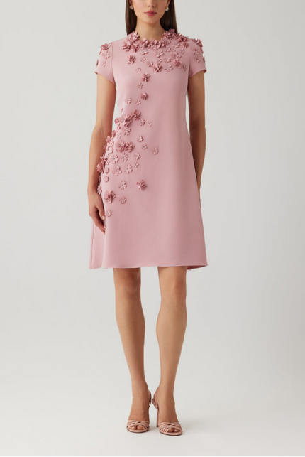 CREPE 3D FLOWER CAP SLEEVE A LINE DRESS