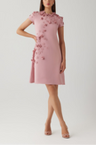 CREPE 3D FLOWER CAP SLEEVE A LINE DRESS