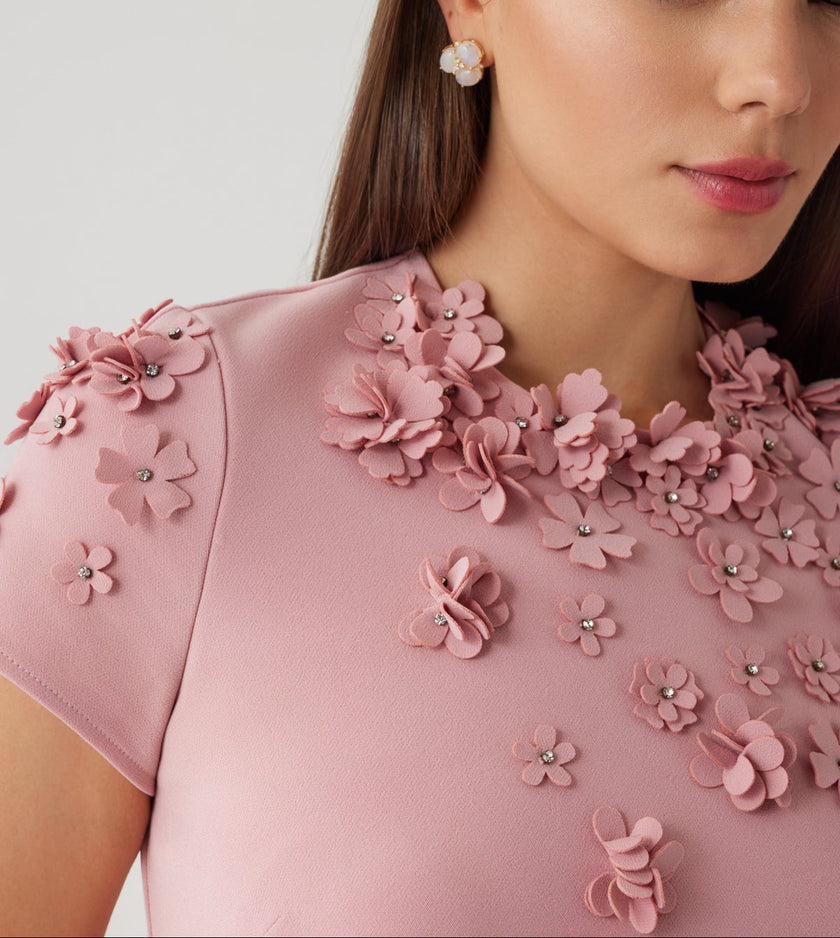 CREPE 3D FLOWER CAP SLEEVE A LINE DRESS