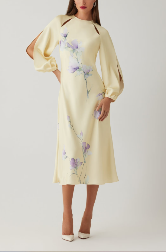CREPE BACK SATIN SLIT LONG SLEEVE FLORAL PRINT DRESS