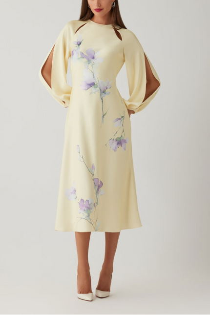 CREPE BACK SATIN SLIT LONG SLEEVE FLORAL PRINT DRESS