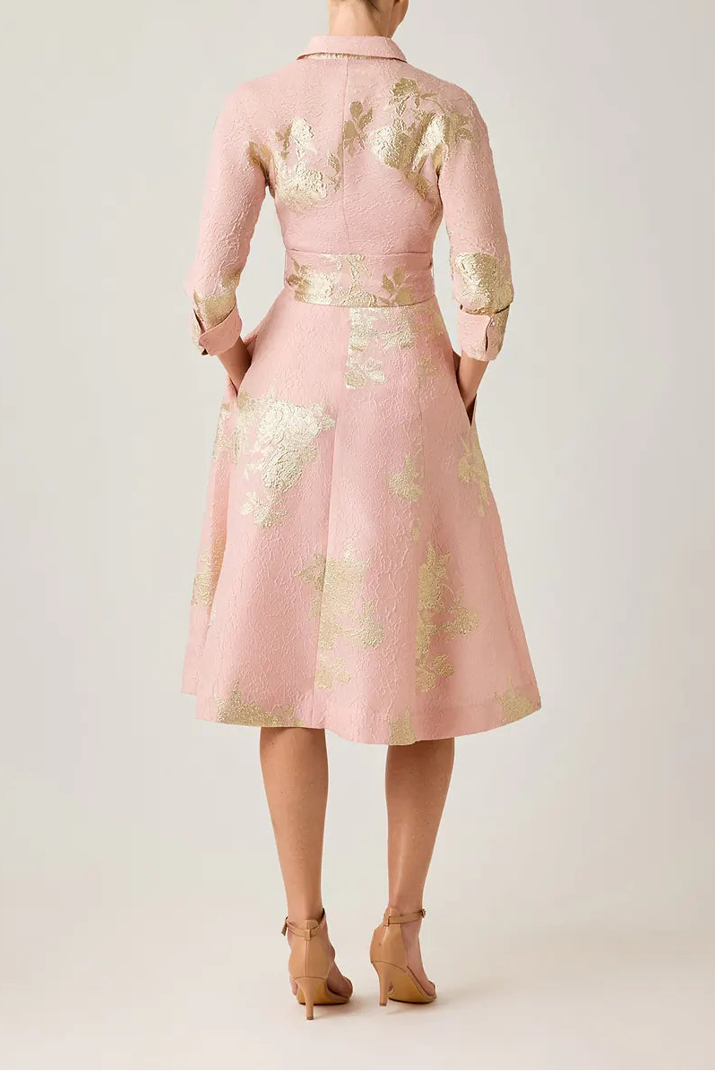METALLIC FLORAL JACQUARD SHIRT WAIST DRESS