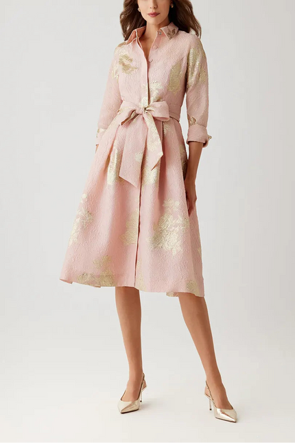 METALLIC FLORAL JACQUARD SHIRT WAIST DRESS