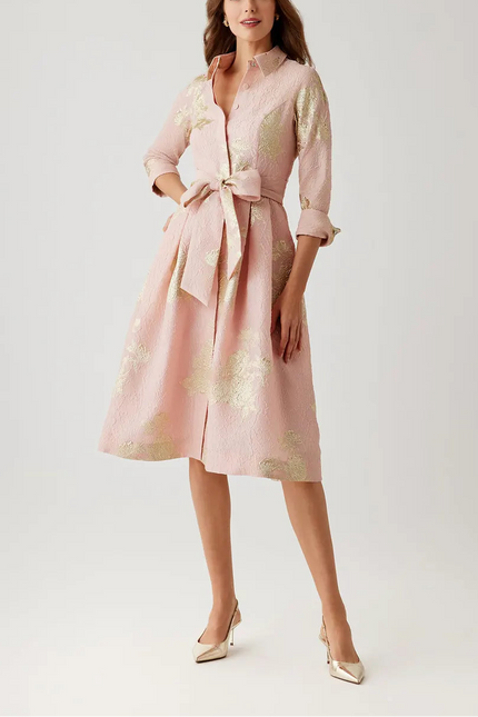 METALLIC FLORAL JACQUARD SHIRT WAIST DRESS