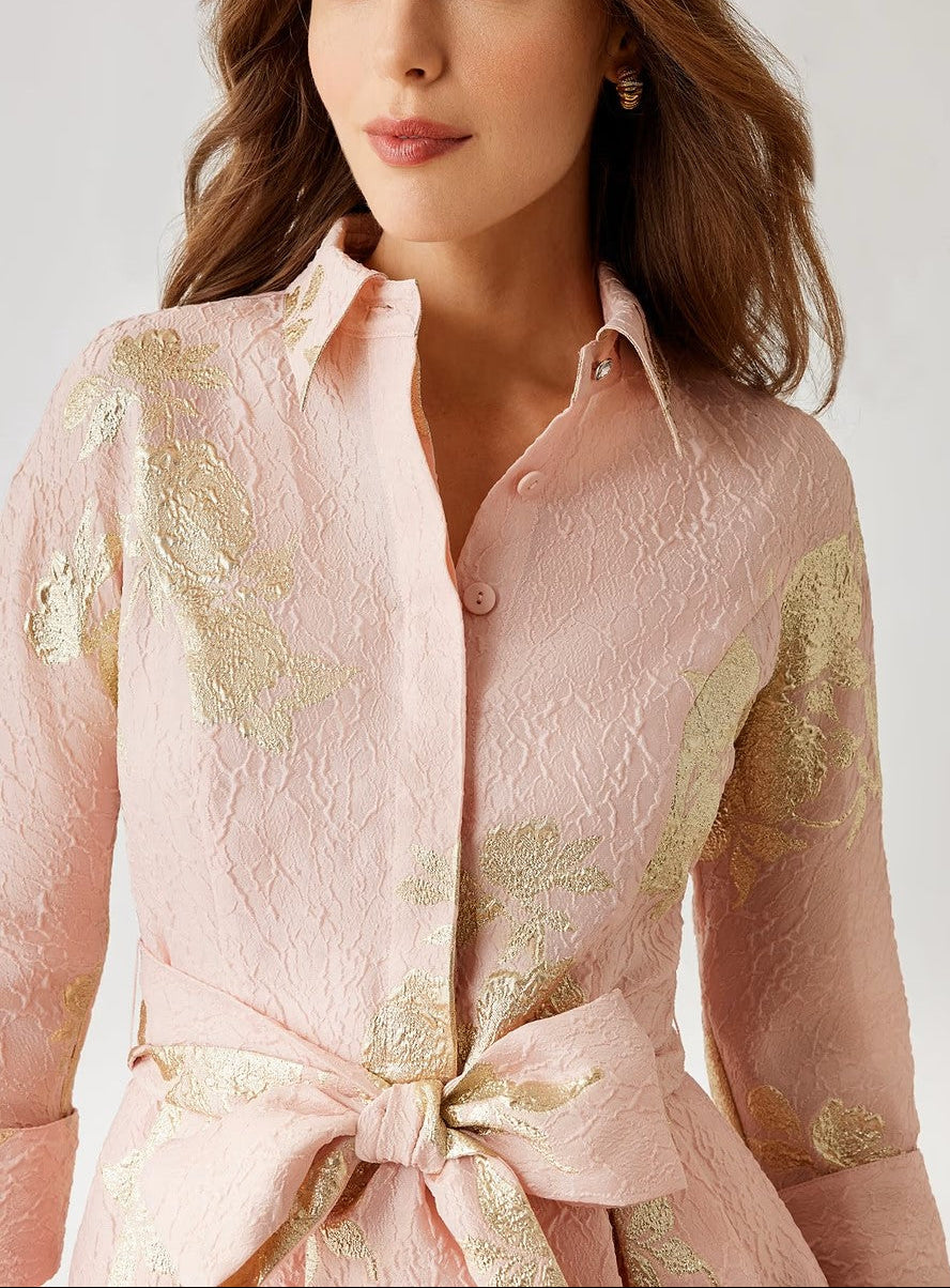 METALLIC FLORAL JACQUARD SHIRT WAIST DRESS