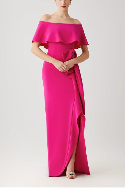 CREPE OFF THE SHOULDER FLOUNCE WITH BOW TRIM GOWN