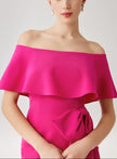 CREPE OFF THE SHOULDER FLOUNCE WITH BOW TRIM GOWN