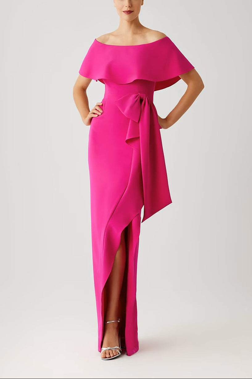 CREPE OFF THE SHOULDER FLOUNCE WITH BOW TRIM GOWN