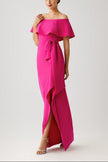CREPE OFF THE SHOULDER FLOUNCE WITH BOW TRIM GOWN