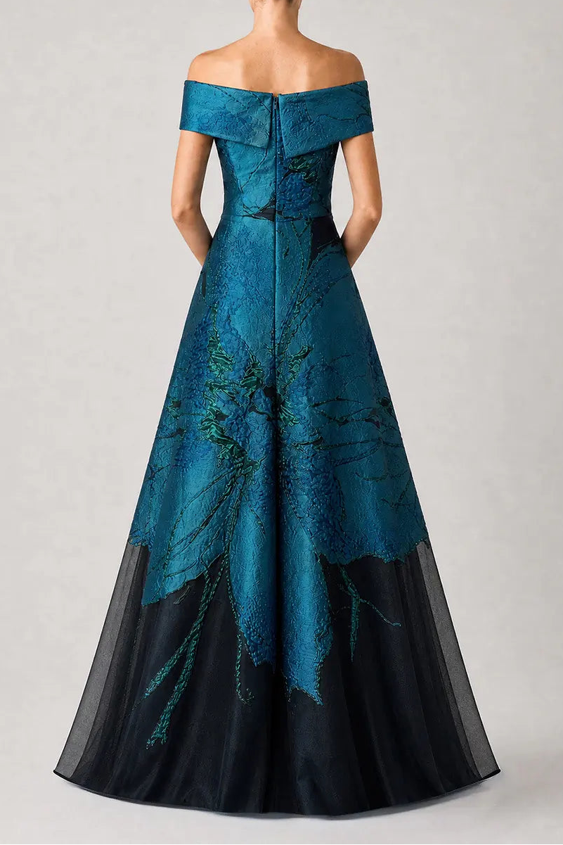 JACQUARD ORGANZA OFF SHOULDER A LINE GOWN