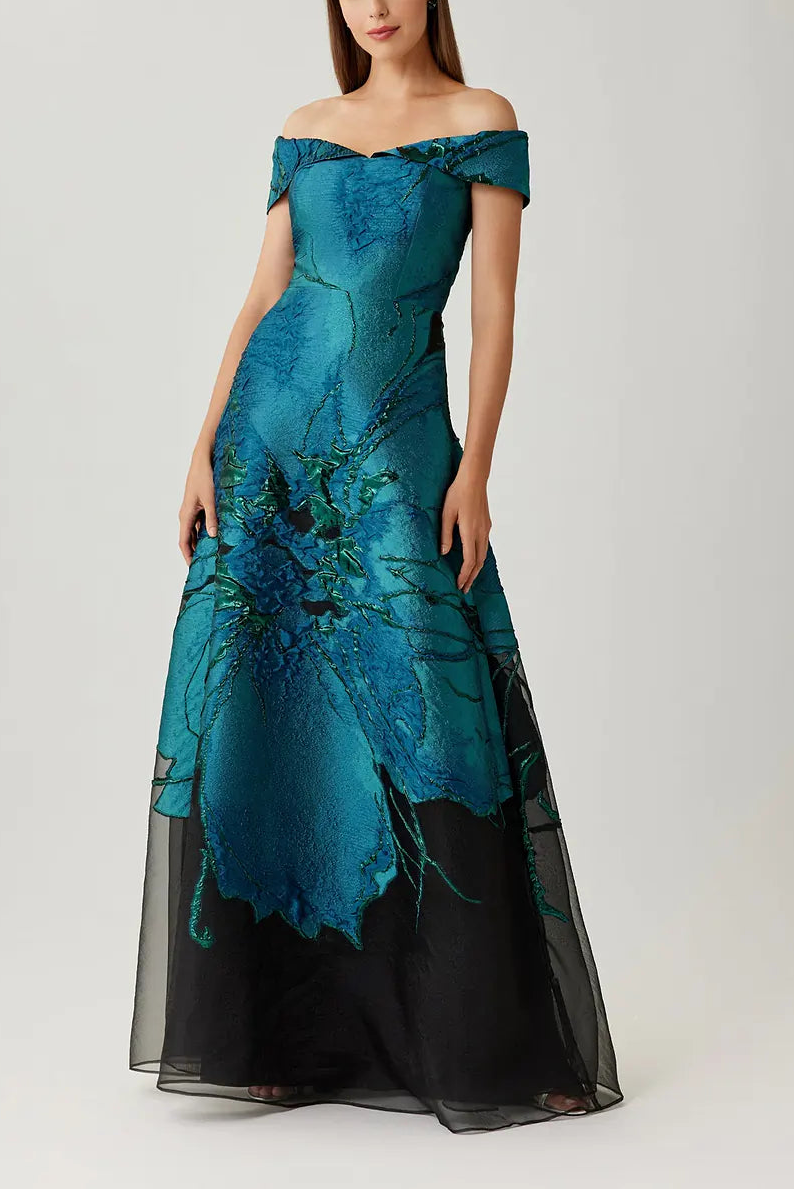 JACQUARD ORGANZA OFF SHOULDER A LINE GOWN