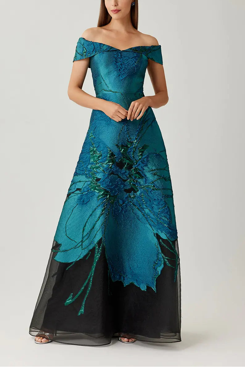JACQUARD ORGANZA OFF SHOULDER A LINE GOWN