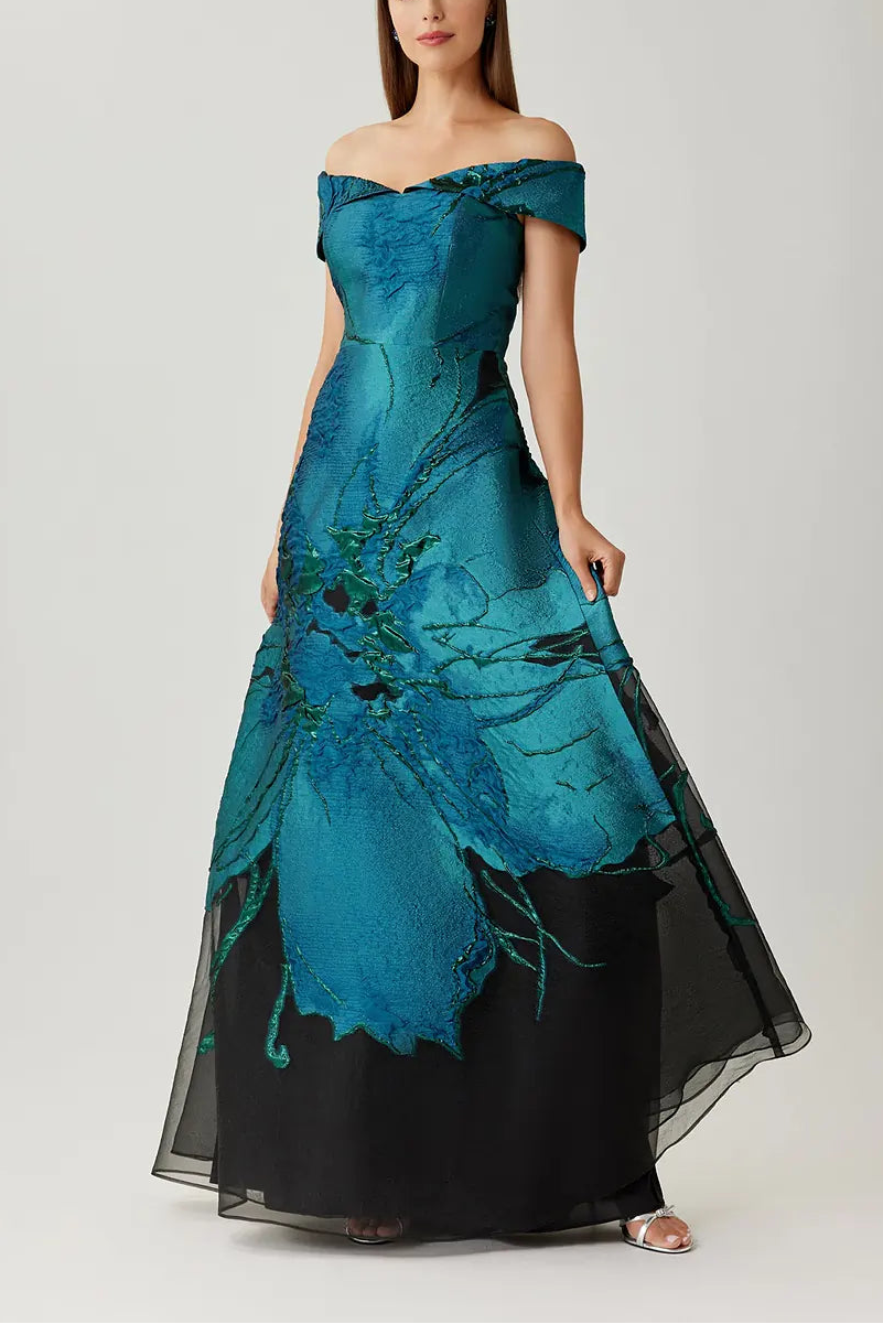 JACQUARD ORGANZA OFF SHOULDER A LINE GOWN