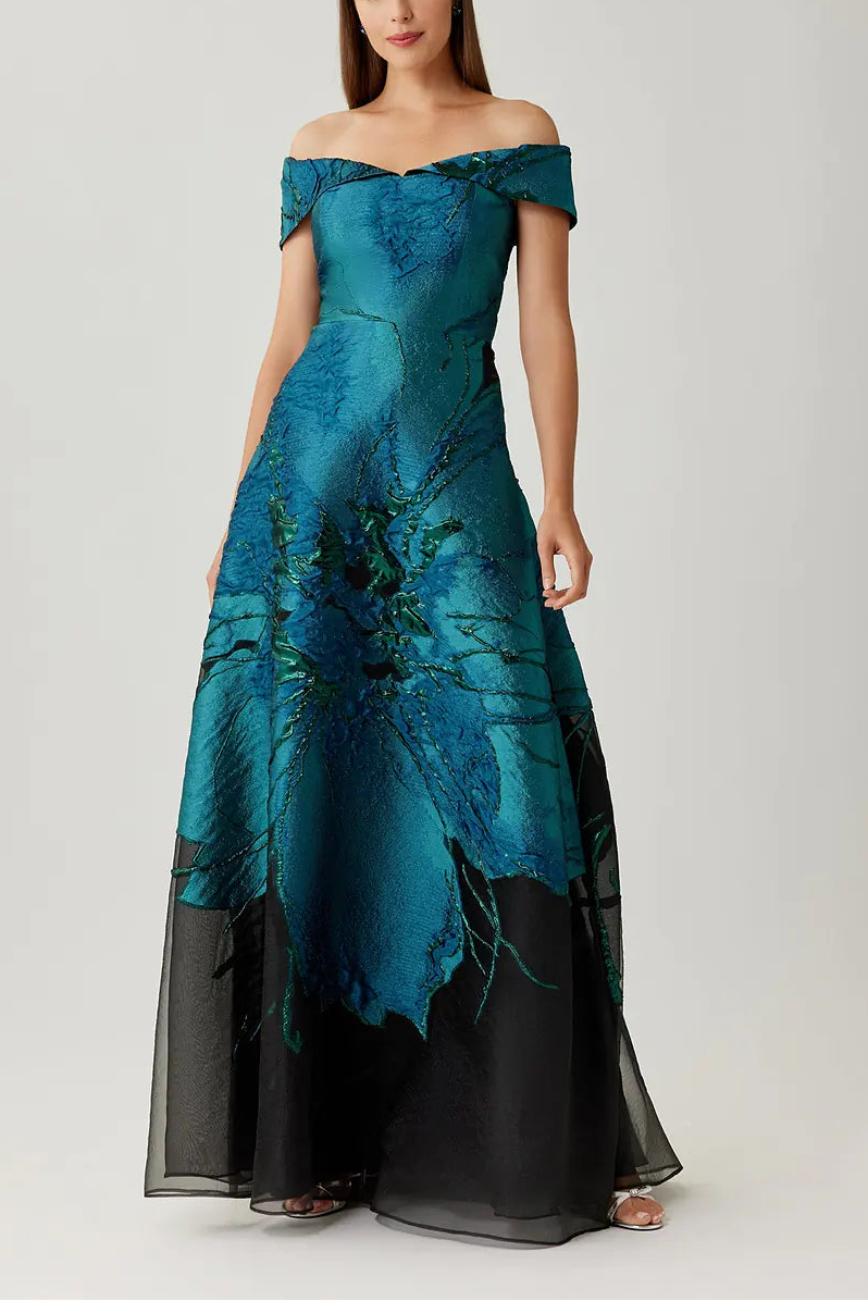 JACQUARD ORGANZA OFF SHOULDER A LINE GOWN