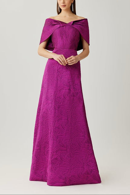 JACQUARD OFF THE SHOULDER GOWN WITH BACK BOW
