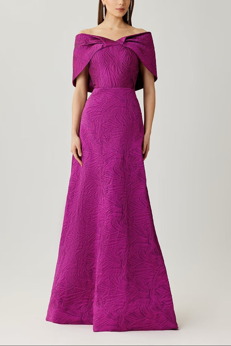 JACQUARD OFF THE SHOULDER GOWN WITH BACK BOW