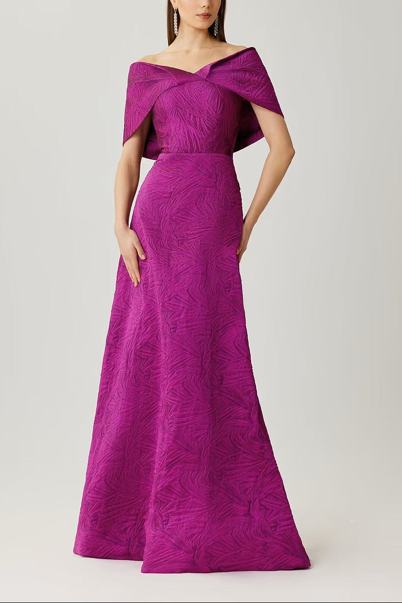 JACQUARD OFF THE SHOULDER GOWN WITH BACK BOW