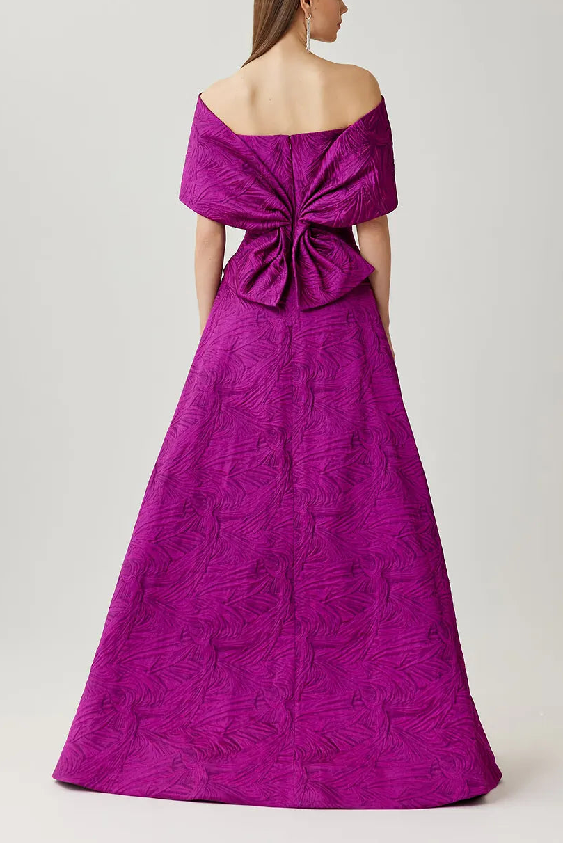 JACQUARD OFF THE SHOULDER GOWN WITH BACK BOW