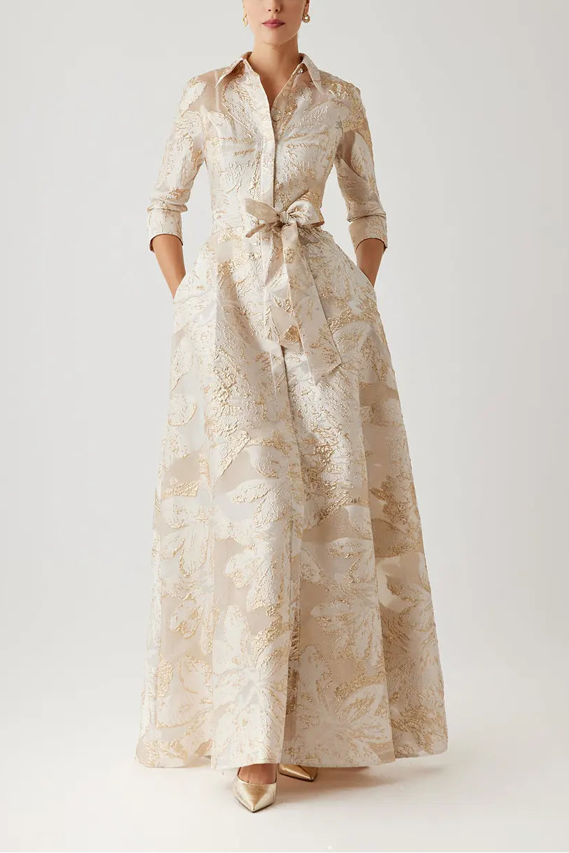 METALLIC BURNOUT JACQUARD SHIRT WAIST GOWN