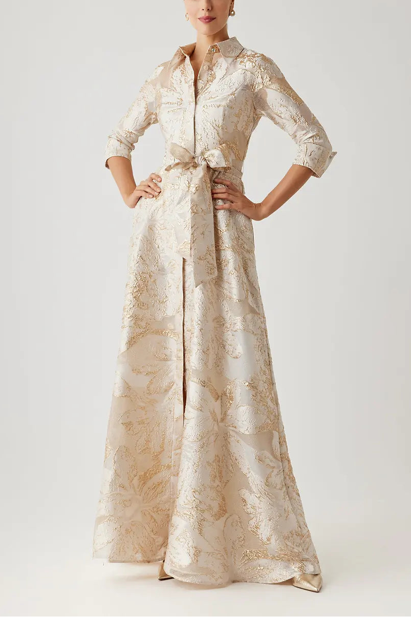 METALLIC BURNOUT JACQUARD SHIRT WAIST GOWN