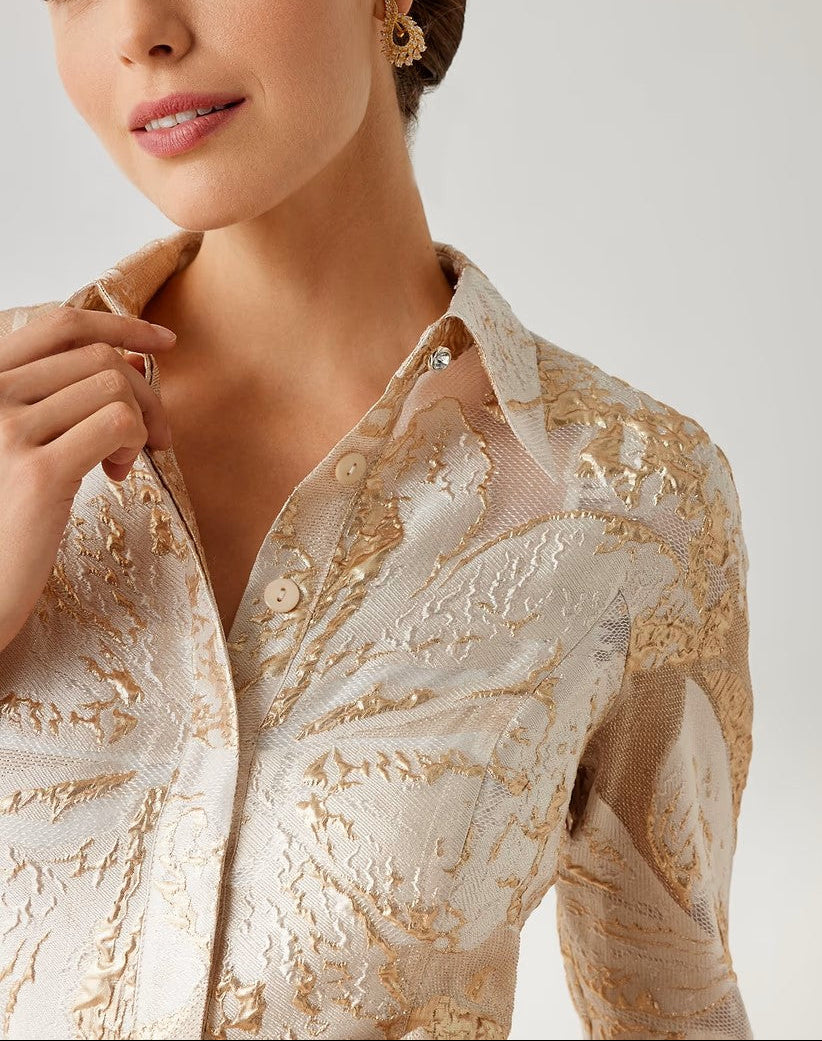 METALLIC BURNOUT JACQUARD SHIRT WAIST GOWN