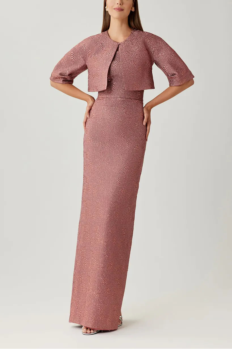 METALLIC JACQUARD STRAPLESS COLUMN GOWN WITH BOLERO