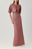 METALLIC JACQUARD STRAPLESS COLUMN GOWN WITH BOLERO