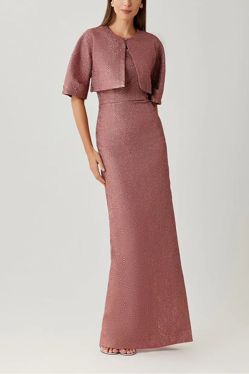 METALLIC JACQUARD STRAPLESS COLUMN GOWN WITH BOLERO