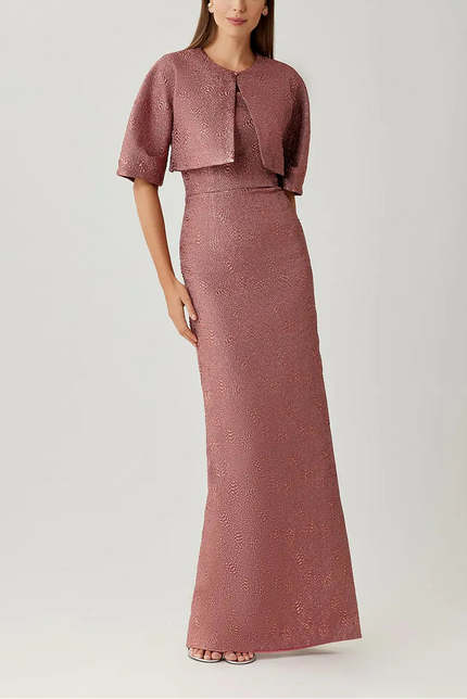METALLIC JACQUARD STRAPLESS COLUMN GOWN WITH BOLERO