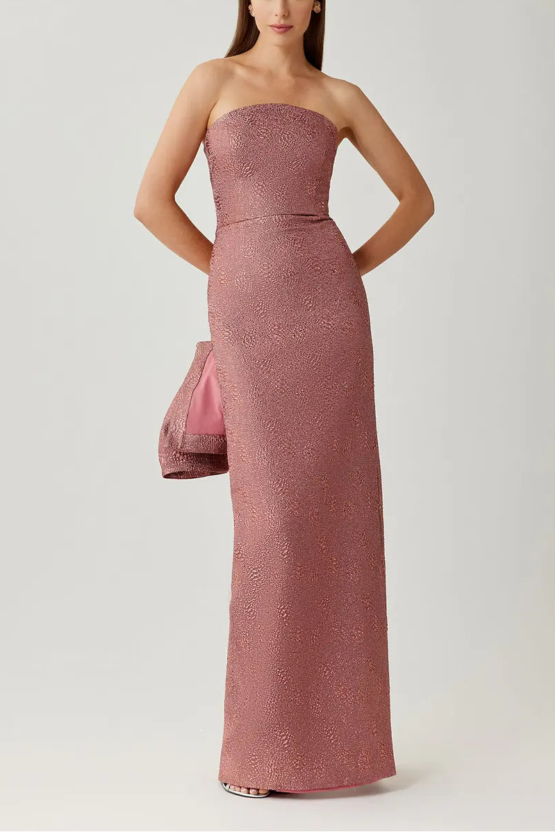 METALLIC JACQUARD STRAPLESS COLUMN GOWN WITH BOLERO