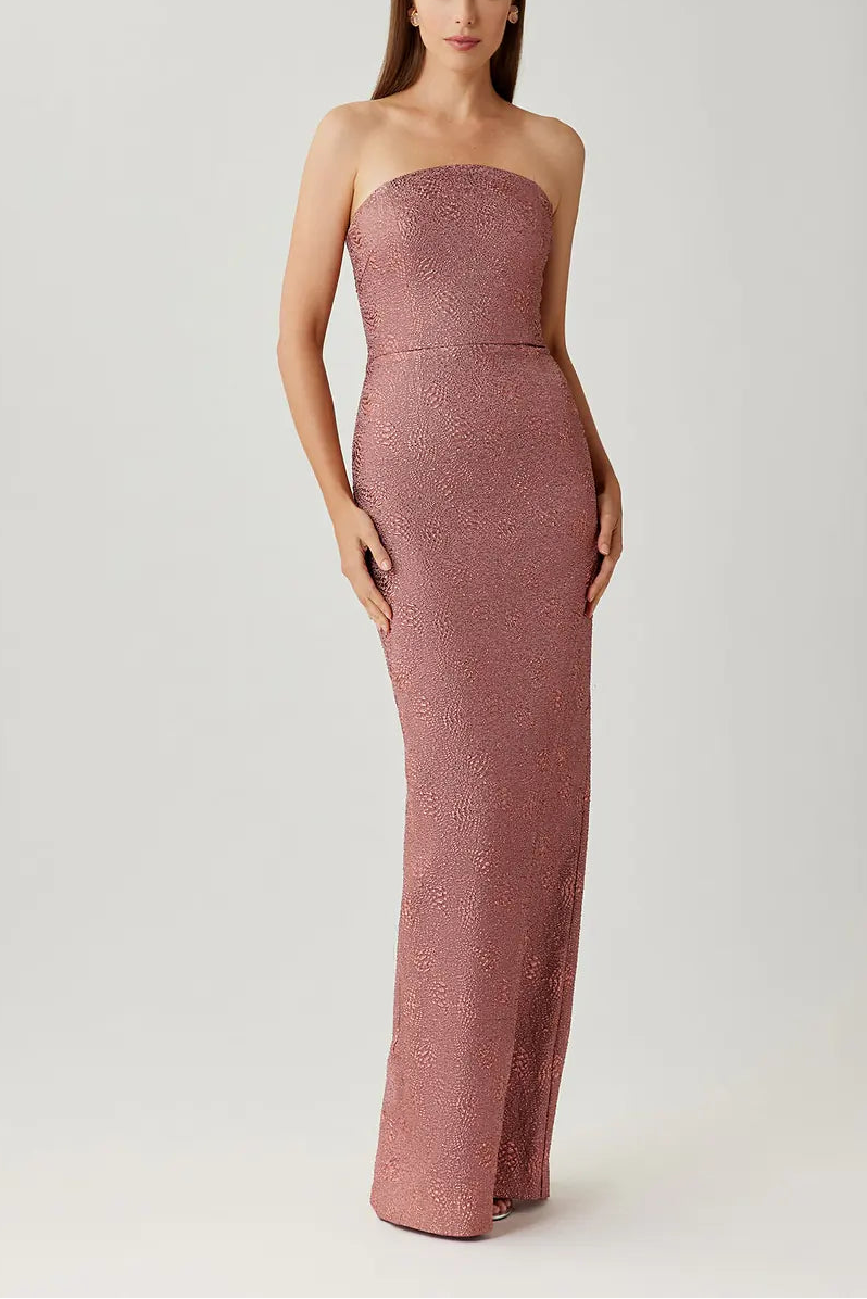 METALLIC JACQUARD STRAPLESS COLUMN GOWN WITH BOLERO