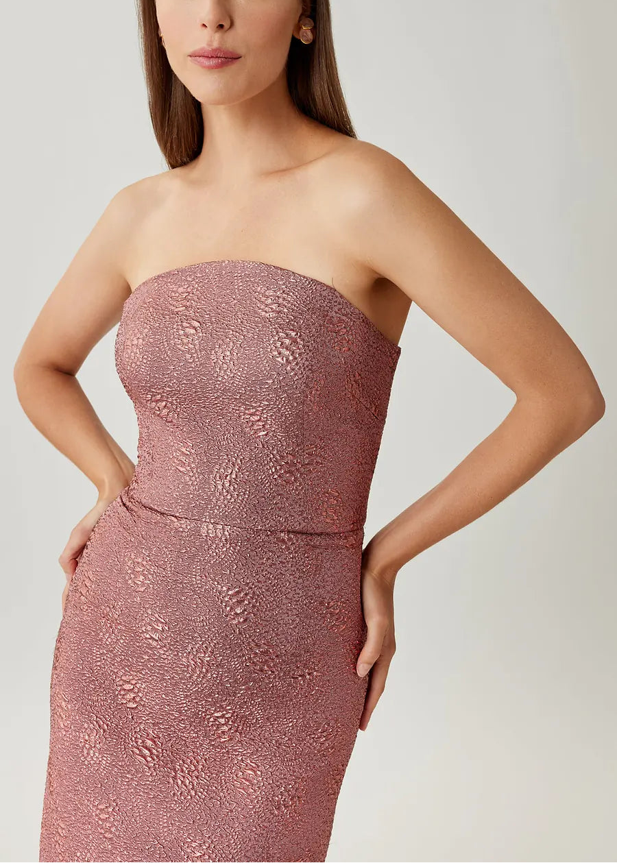 METALLIC JACQUARD STRAPLESS COLUMN GOWN WITH BOLERO