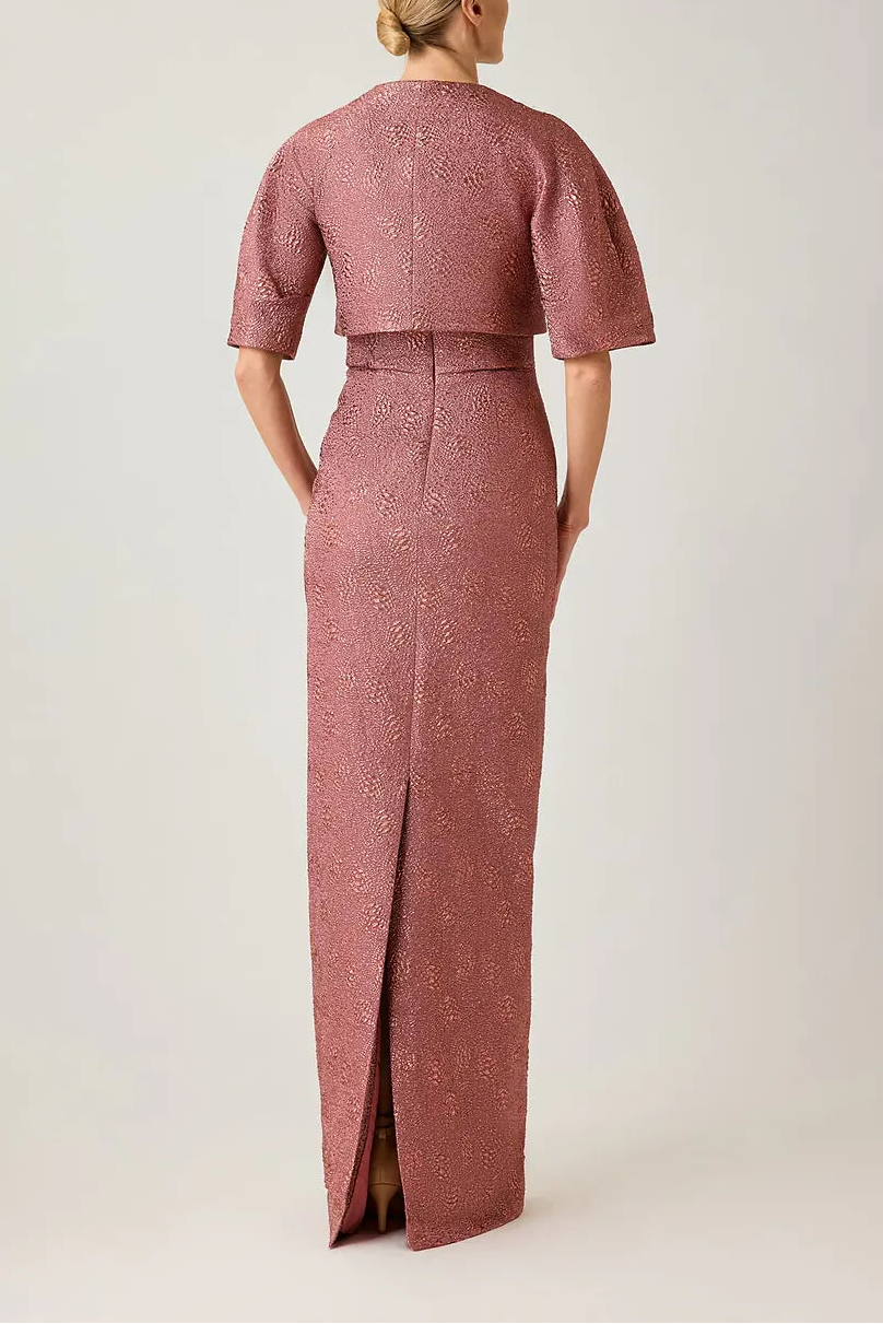 METALLIC JACQUARD STRAPLESS COLUMN GOWN WITH BOLERO