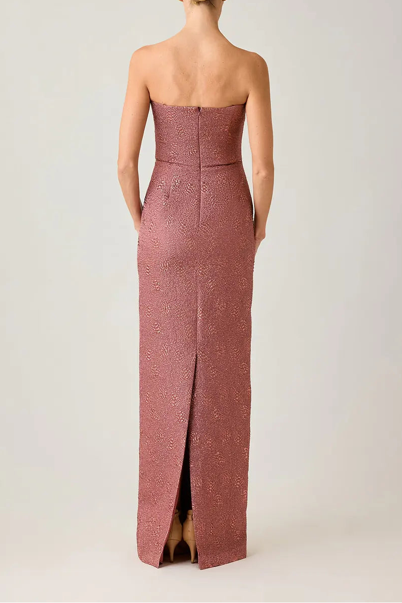 METALLIC JACQUARD STRAPLESS COLUMN GOWN WITH BOLERO