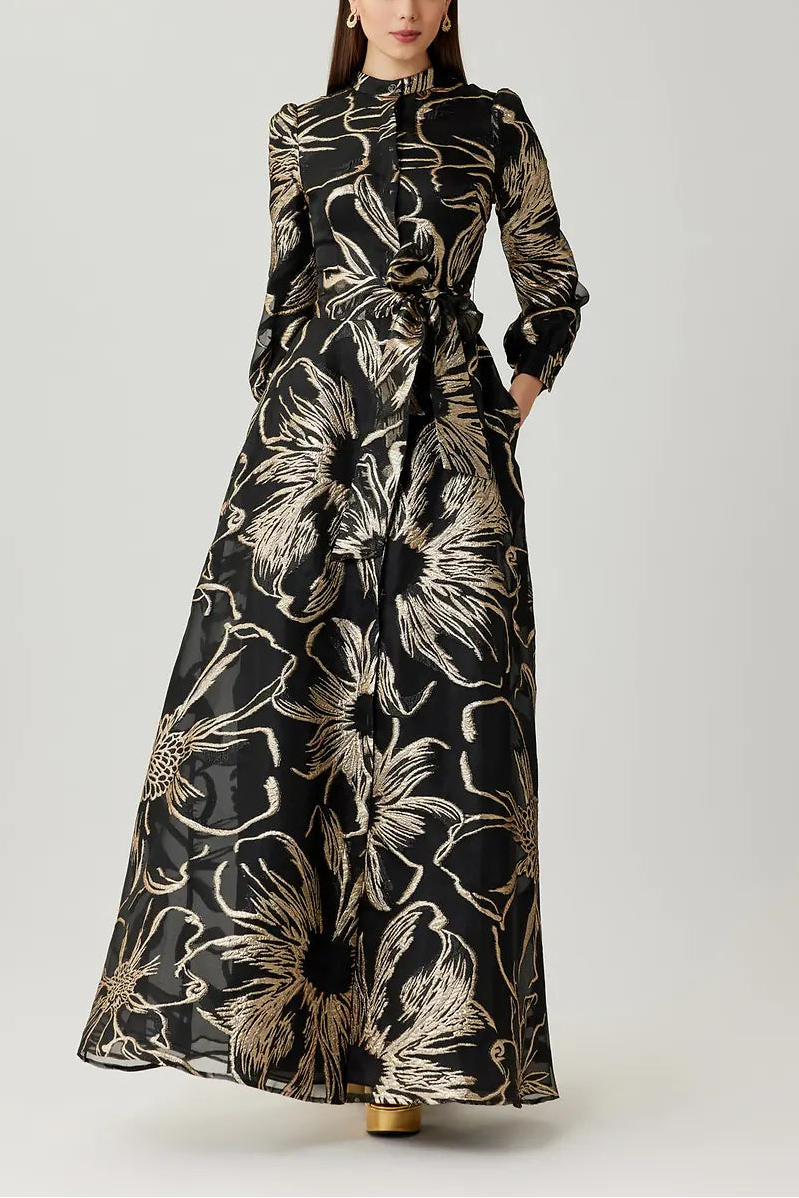 METALLIC FOIL ORGANZA SHIRT WAIST GOWN