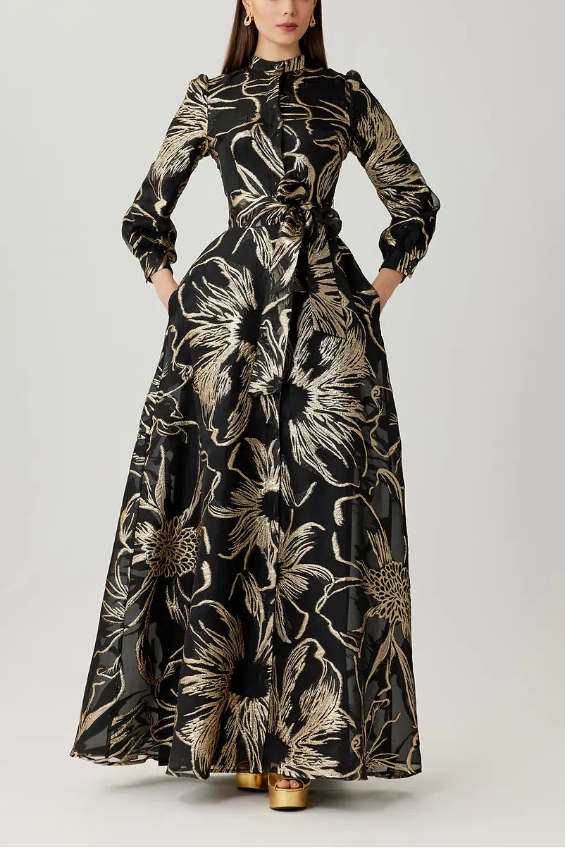METALLIC FOIL ORGANZA SHIRT WAIST GOWN