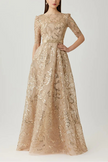 SEQUIN EMBROIDERED TULLE THREE QUARTER SLEEVE GOWN