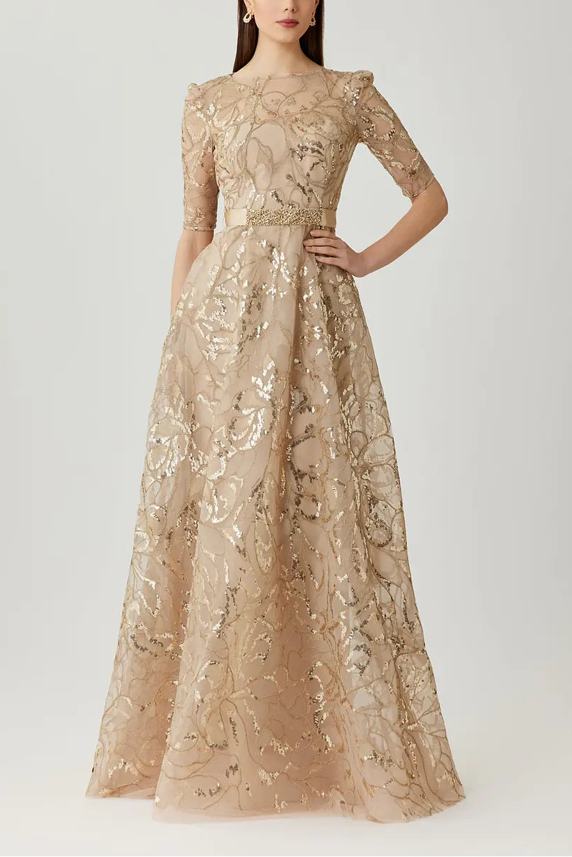 SEQUIN EMBROIDERED TULLE THREE QUARTER SLEEVE GOWN