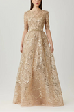 SEQUIN EMBROIDERED TULLE THREE QUARTER SLEEVE GOWN