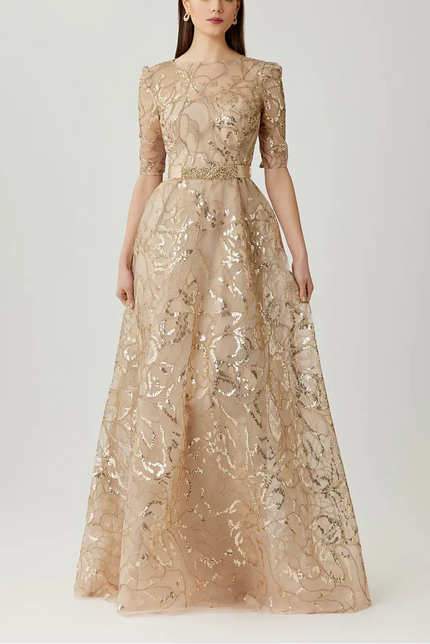 SEQUIN EMBROIDERED TULLE THREE QUARTER SLEEVE GOWN