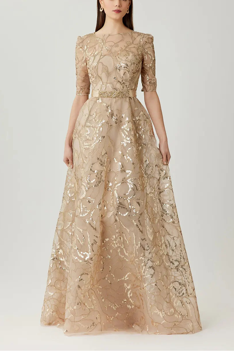 SEQUIN EMBROIDERED TULLE THREE QUARTER SLEEVE GOWN