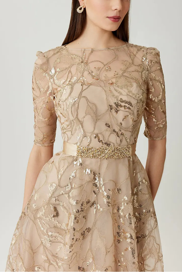 SEQUIN EMBROIDERED TULLE THREE QUARTER SLEEVE GOWN