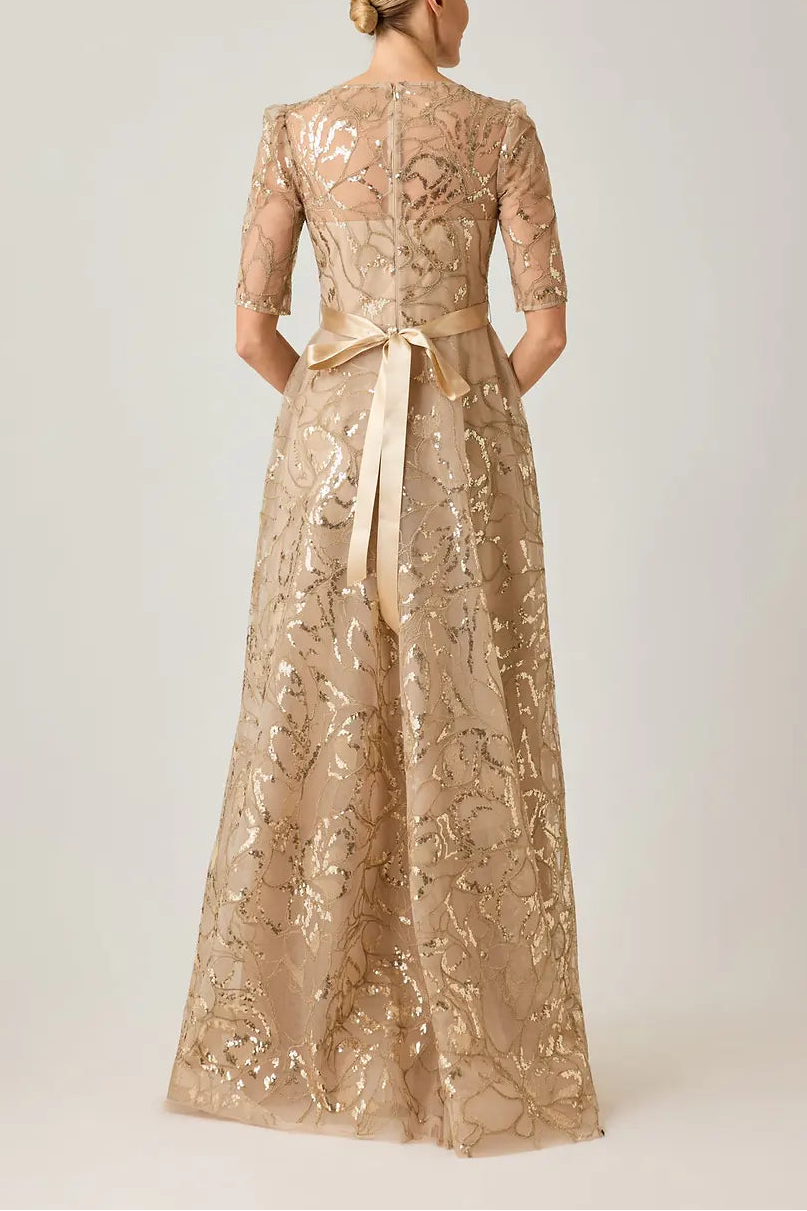 SEQUIN EMBROIDERED TULLE THREE QUARTER SLEEVE GOWN