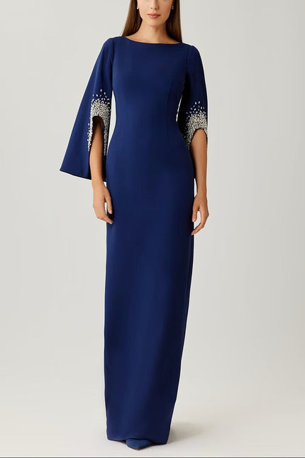 CREPE GOWN WITH RHINESTONE TRIM CUT OUT SLEEVES