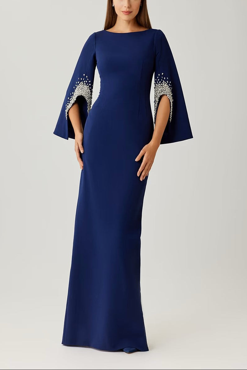 CREPE GOWN WITH RHINESTONE TRIM CUT OUT SLEEVES
