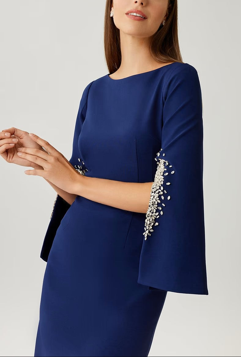 CREPE GOWN WITH RHINESTONE TRIM CUT OUT SLEEVES