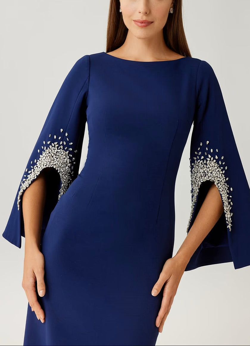 CREPE GOWN WITH RHINESTONE TRIM CUT OUT SLEEVES