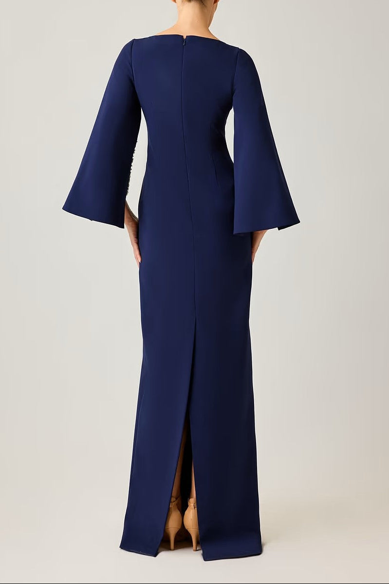 CREPE GOWN WITH RHINESTONE TRIM CUT OUT SLEEVES