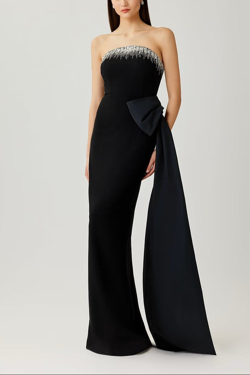CRYSTAL TRIM BOW CREPE GOWN
