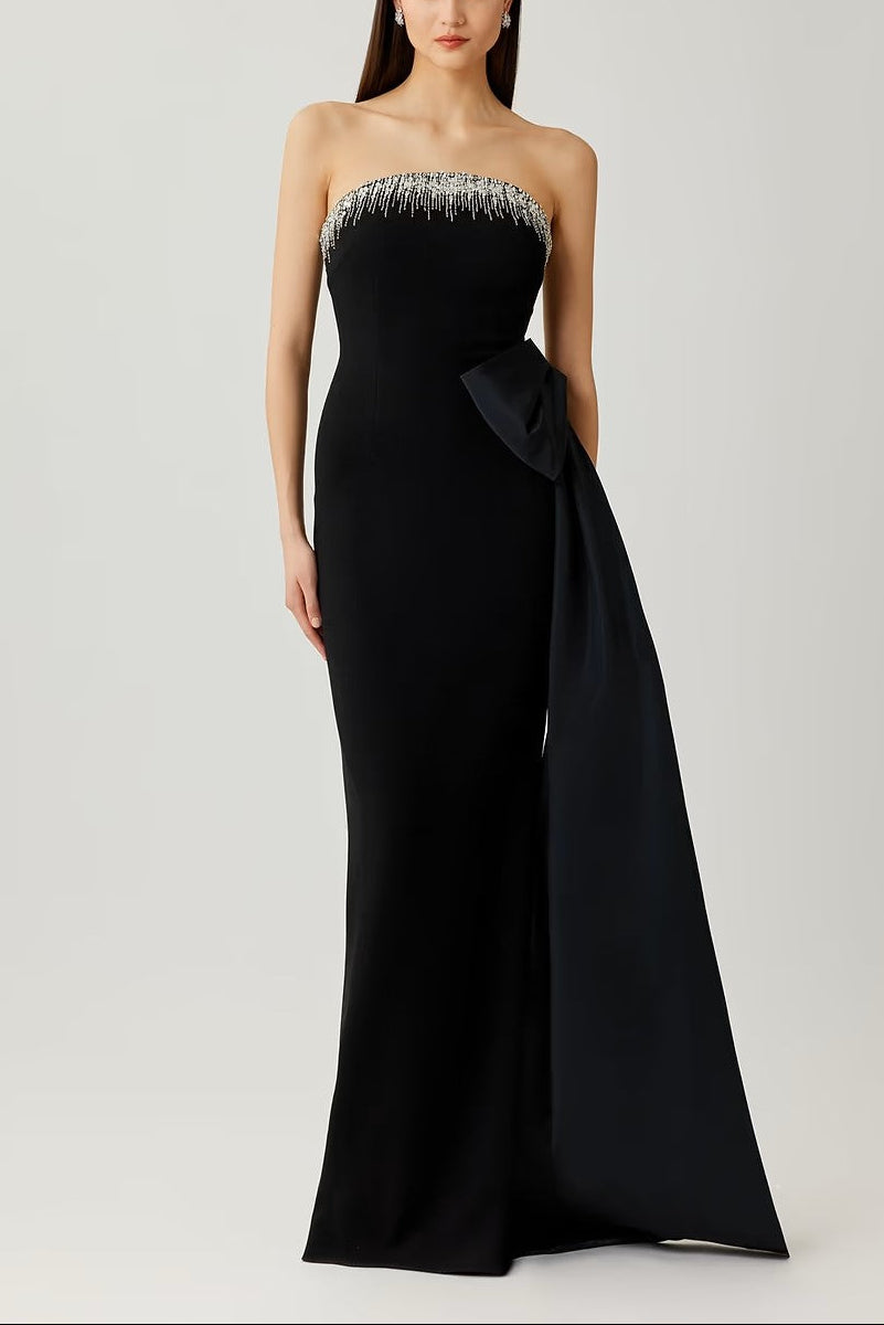 CRYSTAL TRIM BOW CREPE GOWN